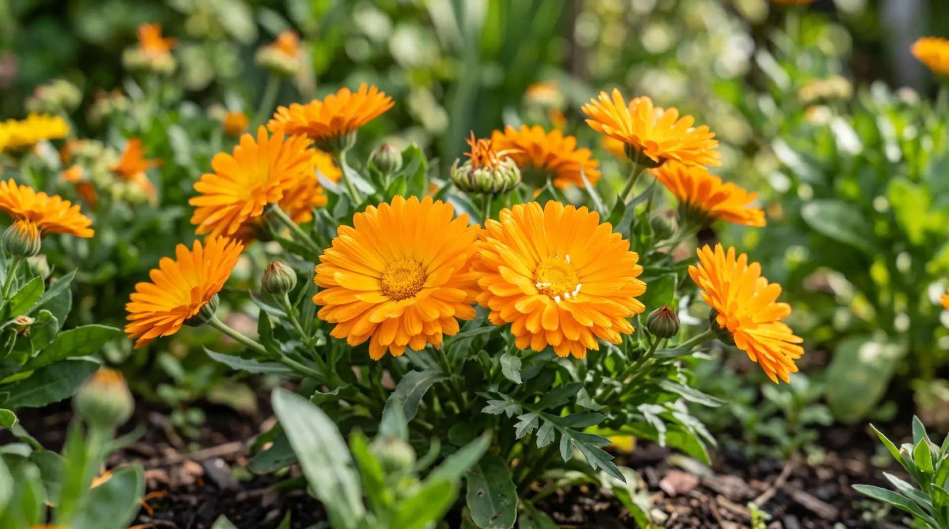 Orange calendula flowers blooming in a garden bed
