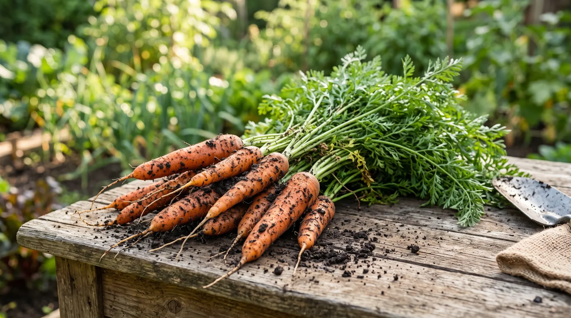 Freshly harvested carrots with soil still on the roots, laid on a wooden garden table