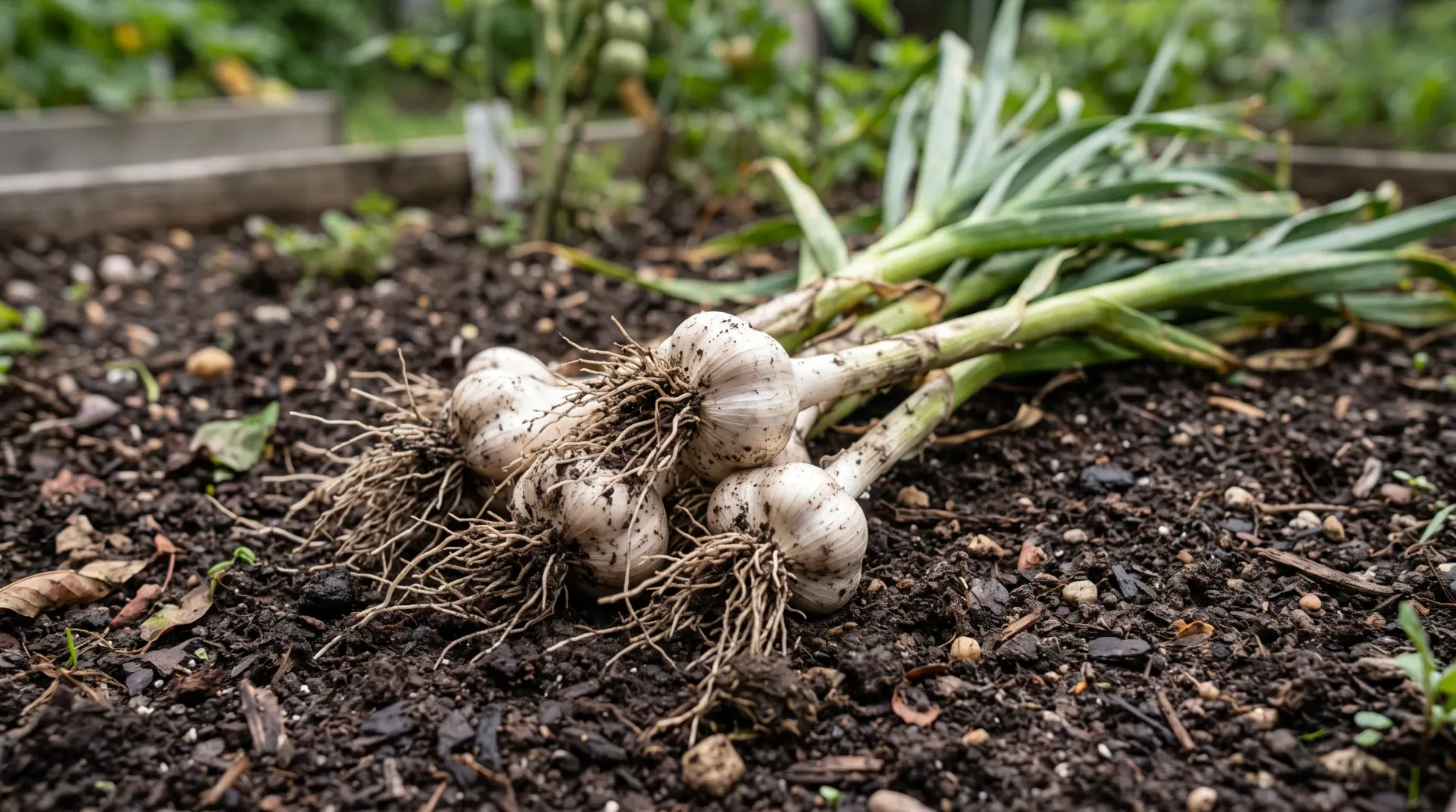 Freshly harvested garlic bulbs with roots and long green stalks resting on garden soil