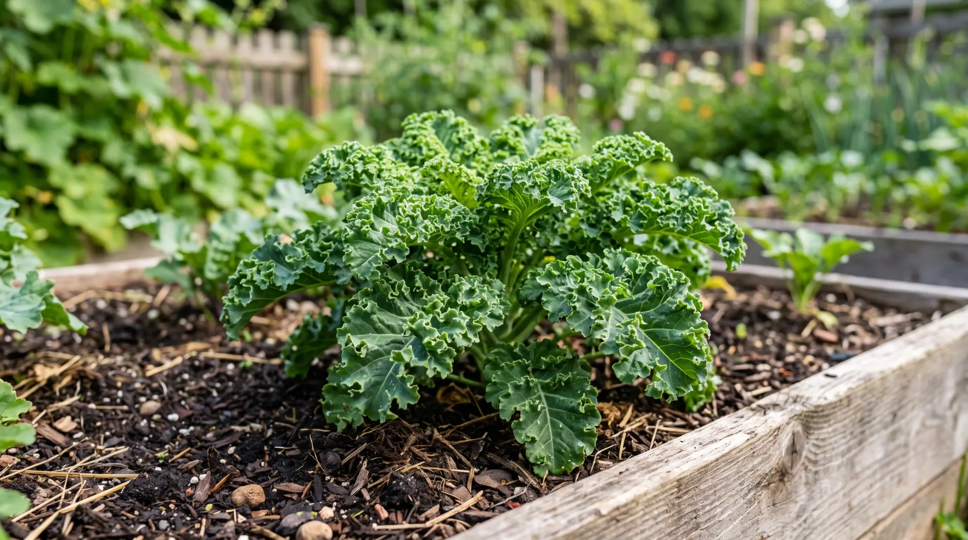 A healthy curly green kale plant growing in a raised garden bed