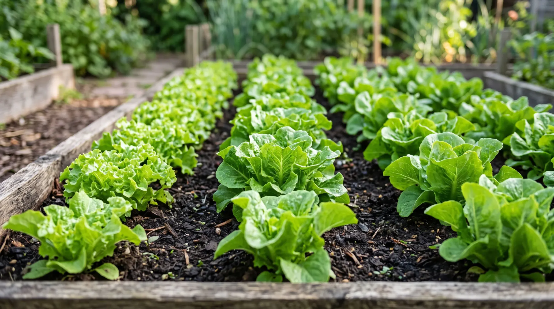 Rows of leaf lettuce growing in a garden bed