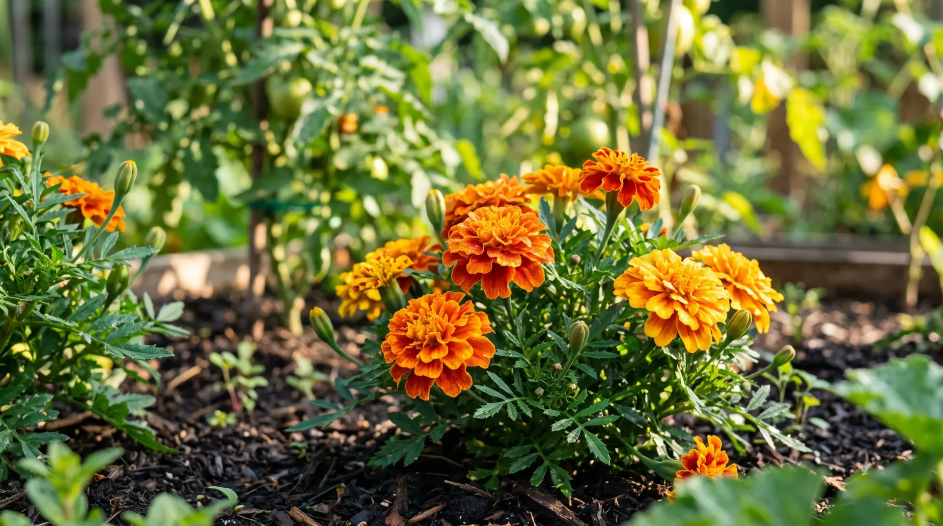 Bright orange and yellow marigold flowers in bloom