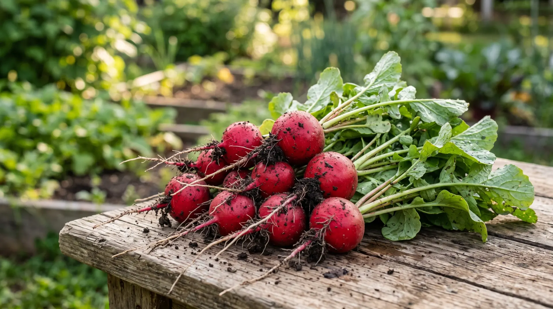 Freshly pulled bright red radishes with green tops resting on a wooden board