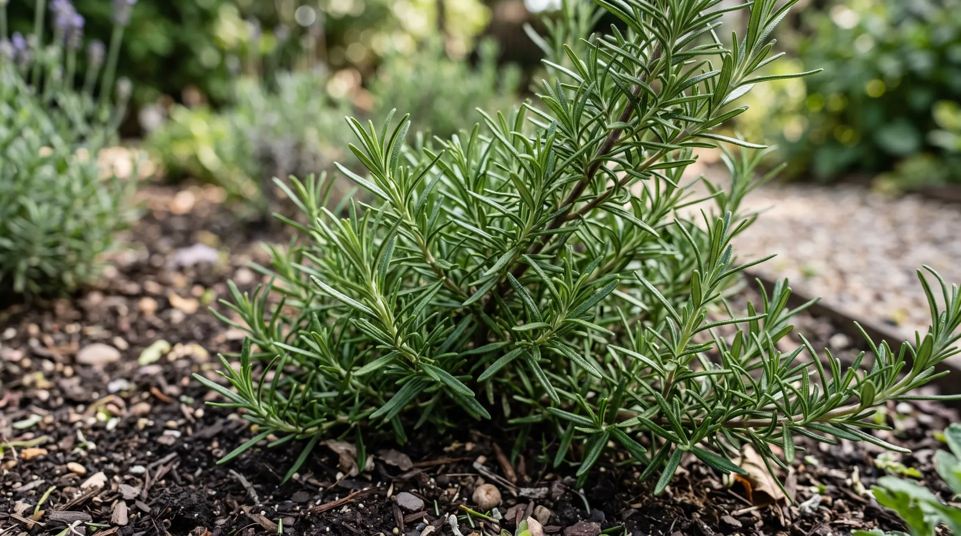 A rosemary shrub with narrow needle-like leaves