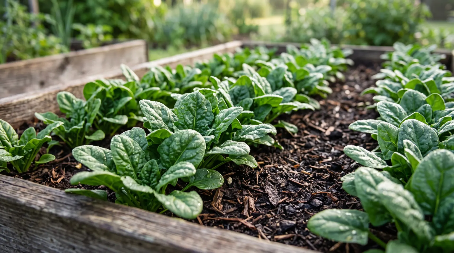 Rows of dark green spinach leaves growing in a raised garden bed