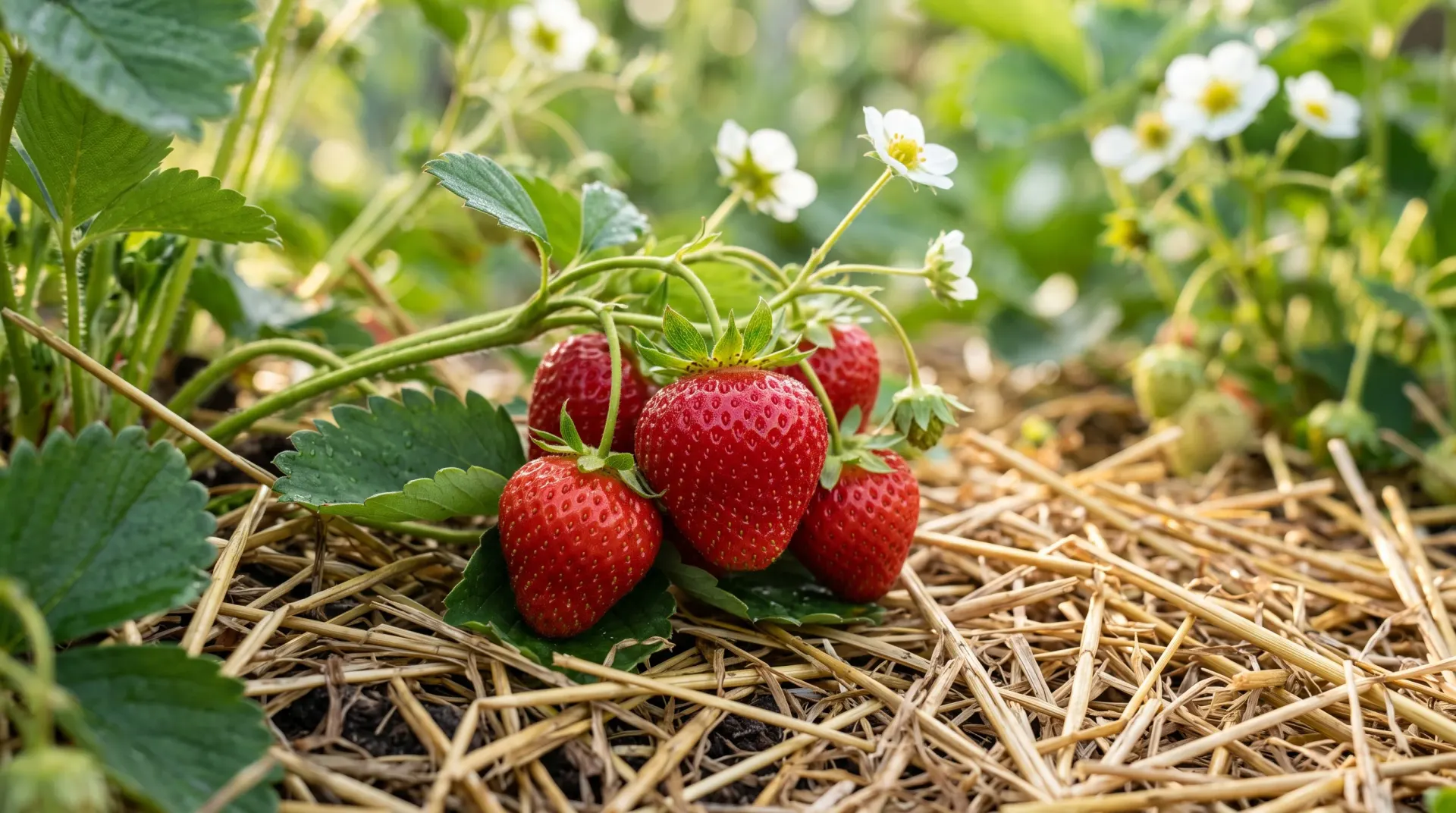 Ripe strawberries growing on a mulched bed