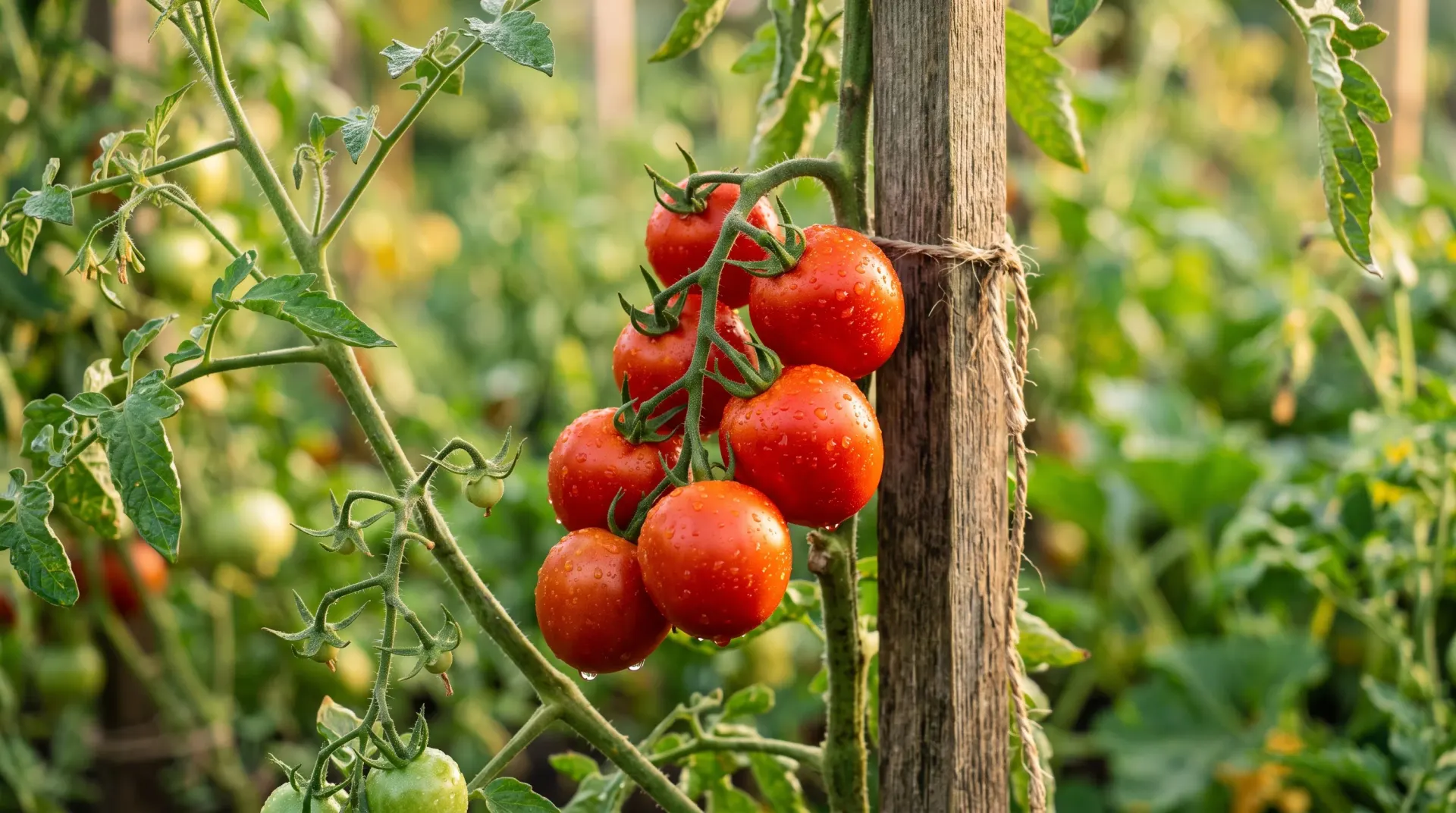 Ripe red tomatoes growing on a staked vine